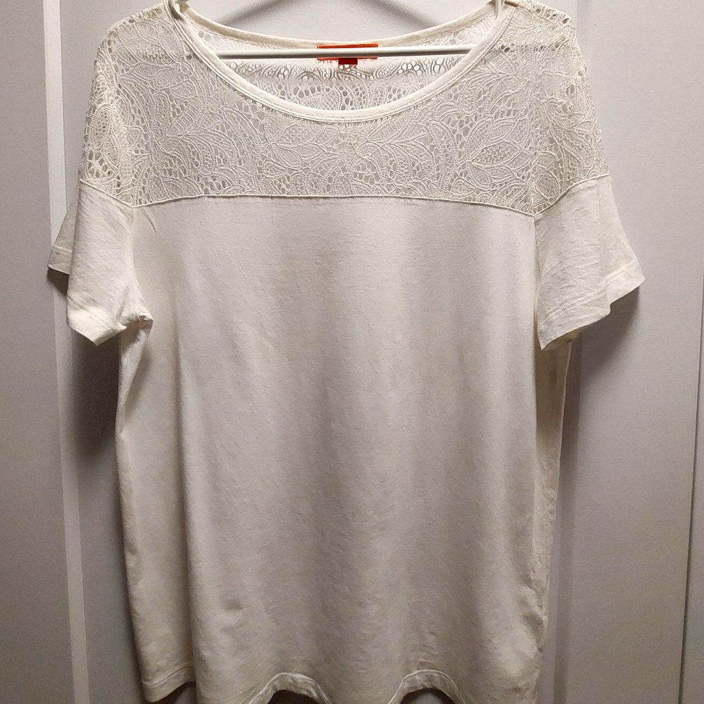 JOE FRESH Women's White Blouse w/White Floral Lace Yoke/Sleeves Top - XL/TG